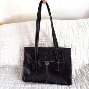 Patricia Nash Black Floral Embossed Leather Shoulder Briefcase Bag